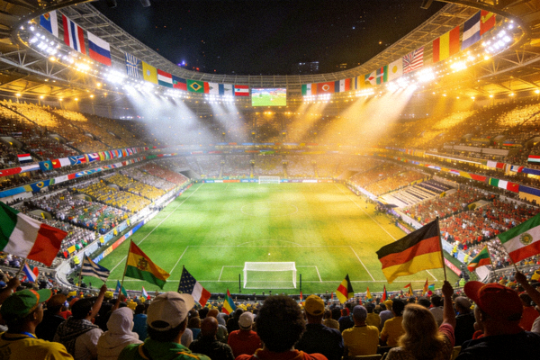 世界杯决赛球场夜景，灯光璀璨，球迷坐满看台